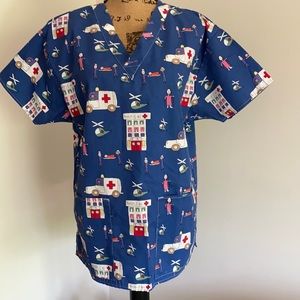 Apple Life Scrub Top M Nurse Medical Uniform Work Shirt V Neck Cars Blue Women M